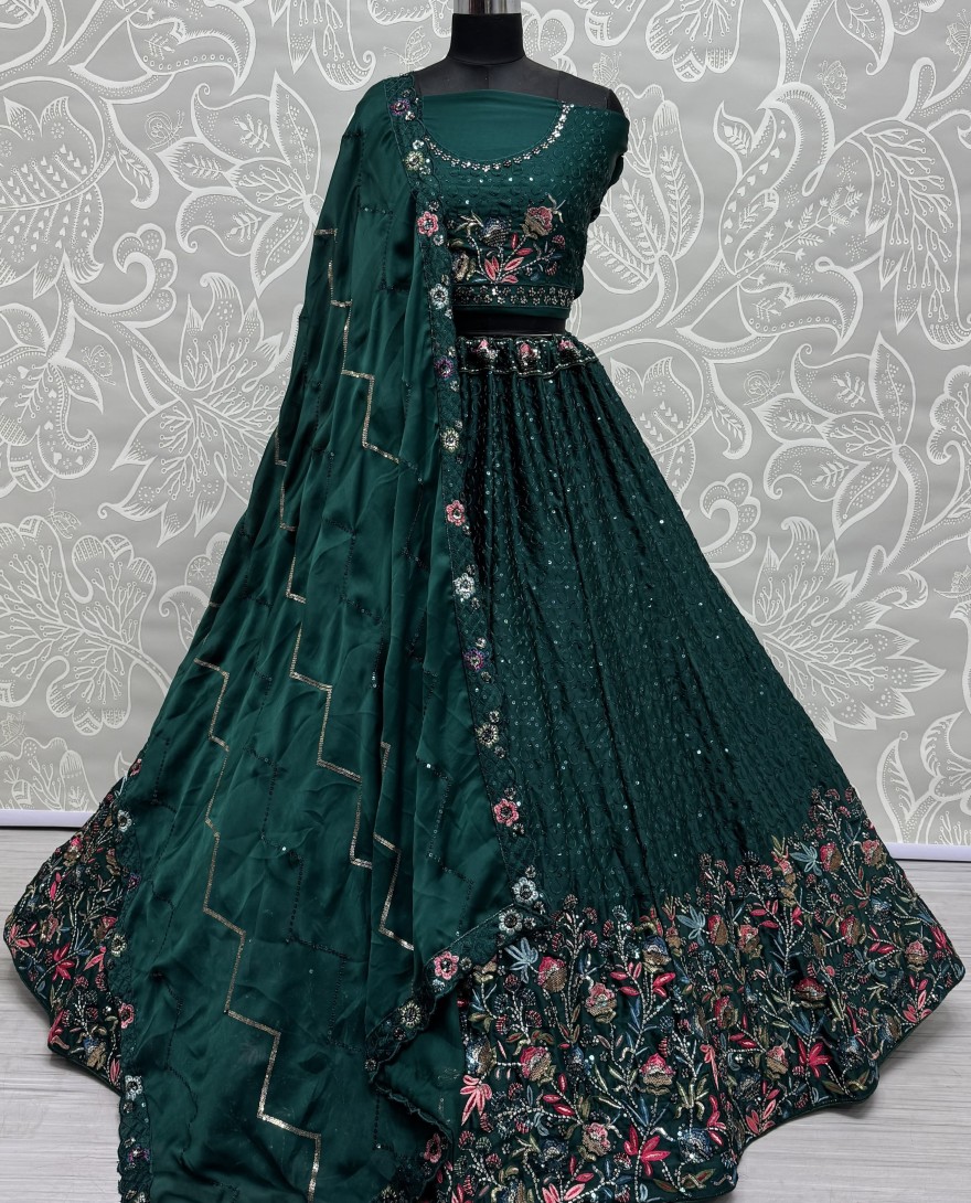 2811 - Beautiful Flower Pattern Green Embroidery and Thread work design Partywear Lehengacholi 